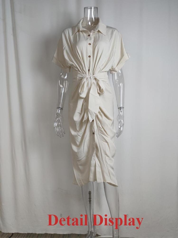 Fashion Women Elegant Turn Down Collar Shirt Dress Summer Short Sleeve with Slit Party Office Ladies Dresses