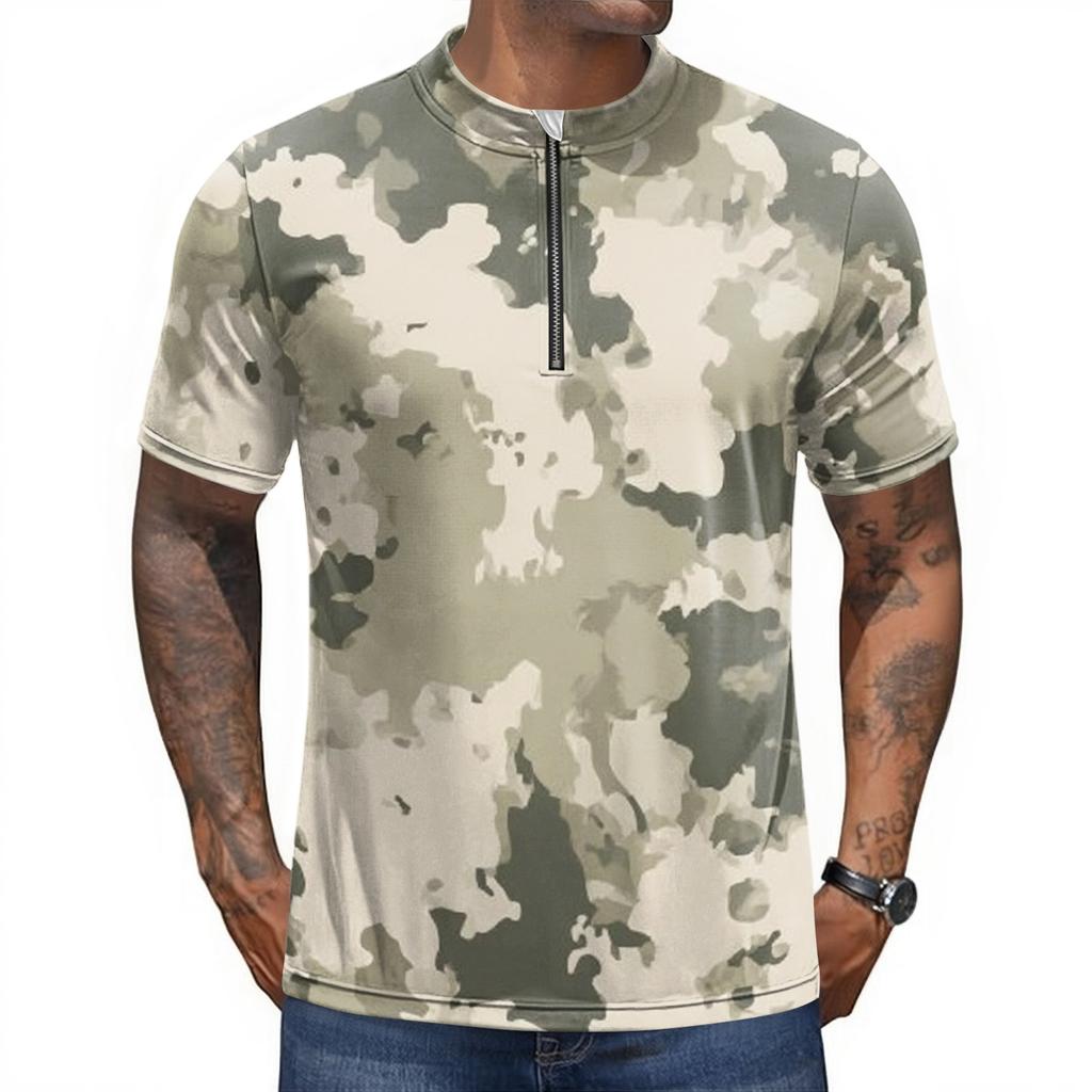 Men's Short Sleeve Cycling Jersey Breathable Quick Dry Half Zip Round Neck Printed Sports Shirt Lightweight Performance Top for Biking