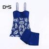 2Pcs/Set Tankini Set Adjustable Straps Padding Underwire Bandeau Tops Boxer Briefs Set Mesh Splicing Design Beach Swimwear