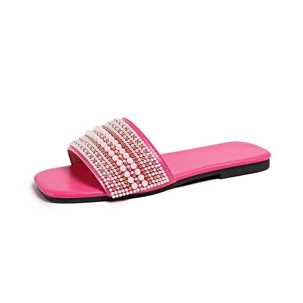 Women Square Toe Pearl Rhinestone Embellished Slide Sandals Flat Open Toe Slip On Bling Casual Summer Beach Walking Slippers
