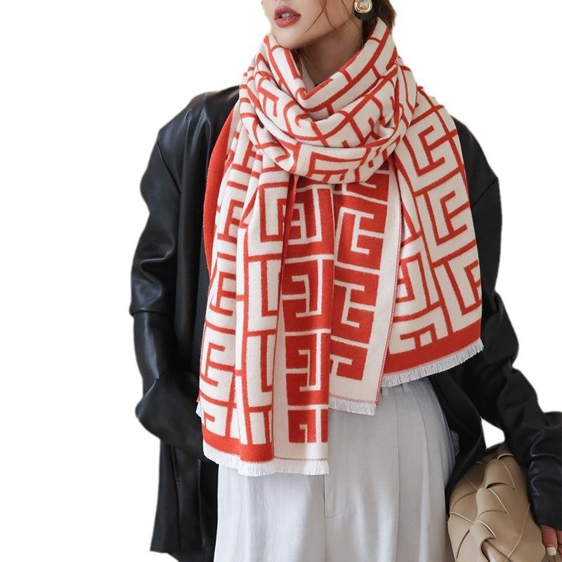 Korean Version of Autumn and Winter New Geometric Warm Scarf Double-sided Cashmere Thickened Student Scarf Air-conditioned Room Shawl Exterior