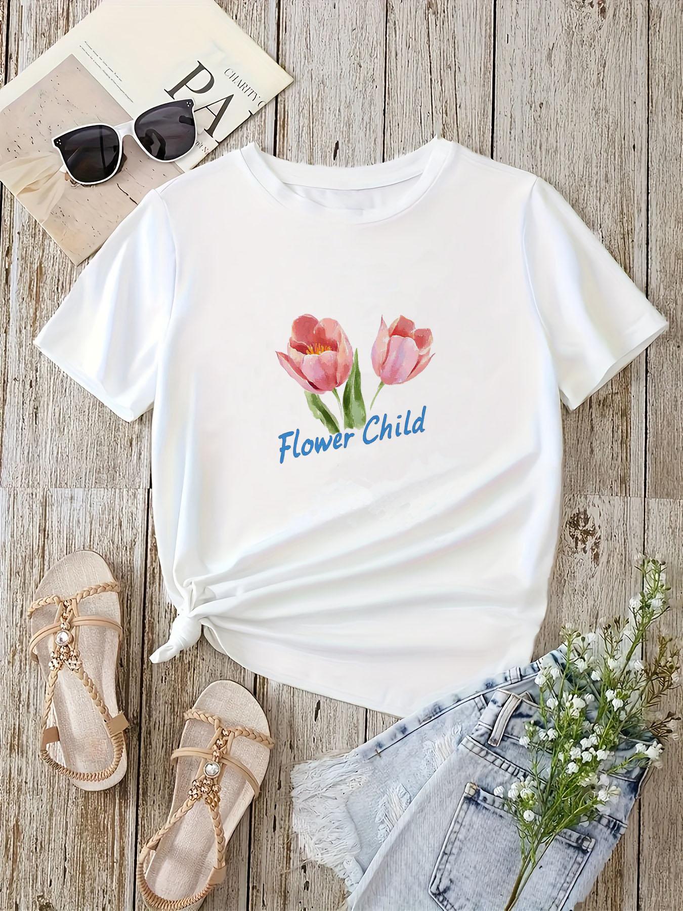 

With Vibrant Tulip Design Spring & Summer Wear Everyday Tshirt Women s Casual Graphic Print Sleeve Crew Neck Summer 4XL