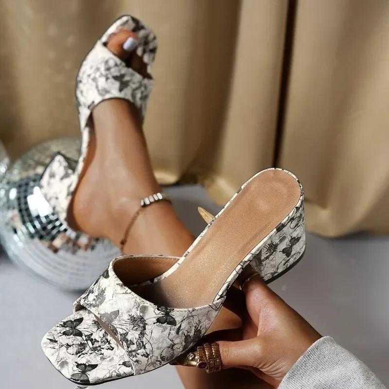 Fashion Square headed high-heeled slippers for women 2025 new European and American plus size color coarse heel sandals for women