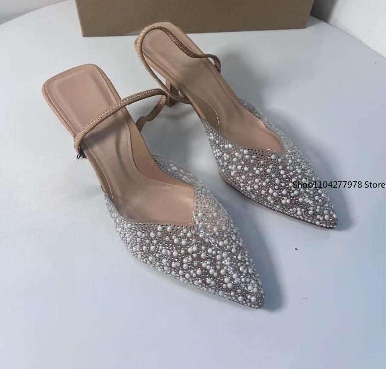 Fashion 2025 Women's High Heeled Sandals Transparent Pointed Toe Elegant Ladies Fashion Shoes Pearl Decoration Slingback Sandal Size 42