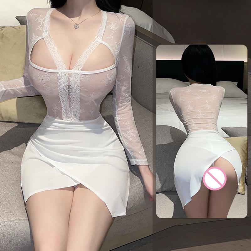 Womens Sexy Bodycon Dresses Lace Lingerie Secretary Uniform Night Club Fantasy Erotic Wear Temptation Bathrobe Nightgowns Dress