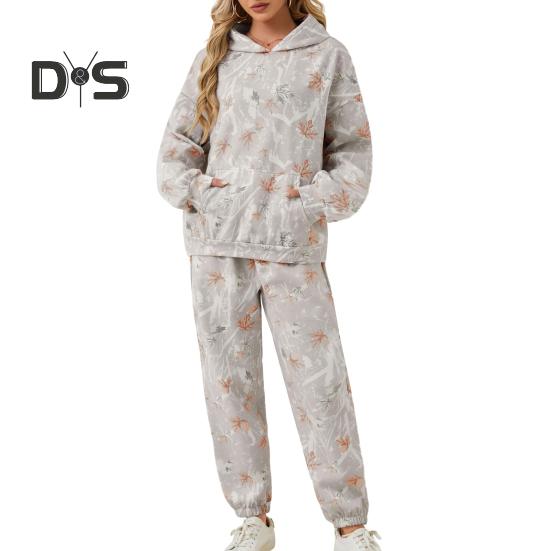 

2 шт./комплект женский костюм с капюшоном и брюками с принтом, длинные рукава, толстый верх, эластичный пояс, облегающие брюки, спортивный костюм для фитнеса, осенне-зимний спортивный костюм S серый