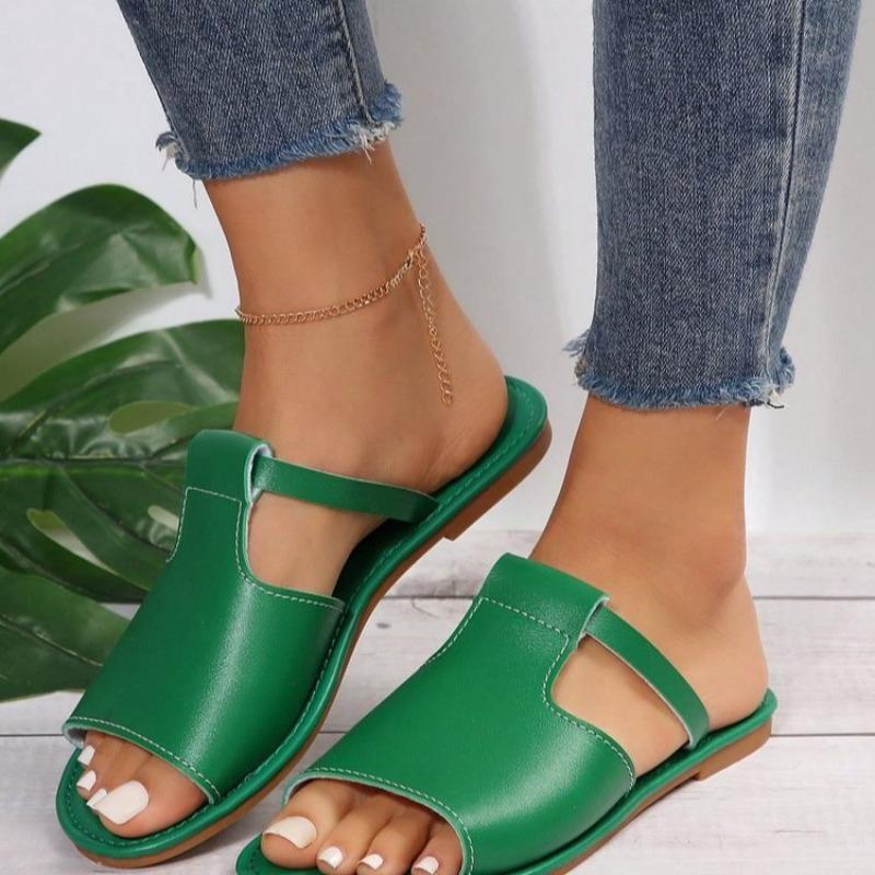 Foreign trade large size women's flat bottom cool slippers spring and summer new hollow design solid color fish mouth women's shoes