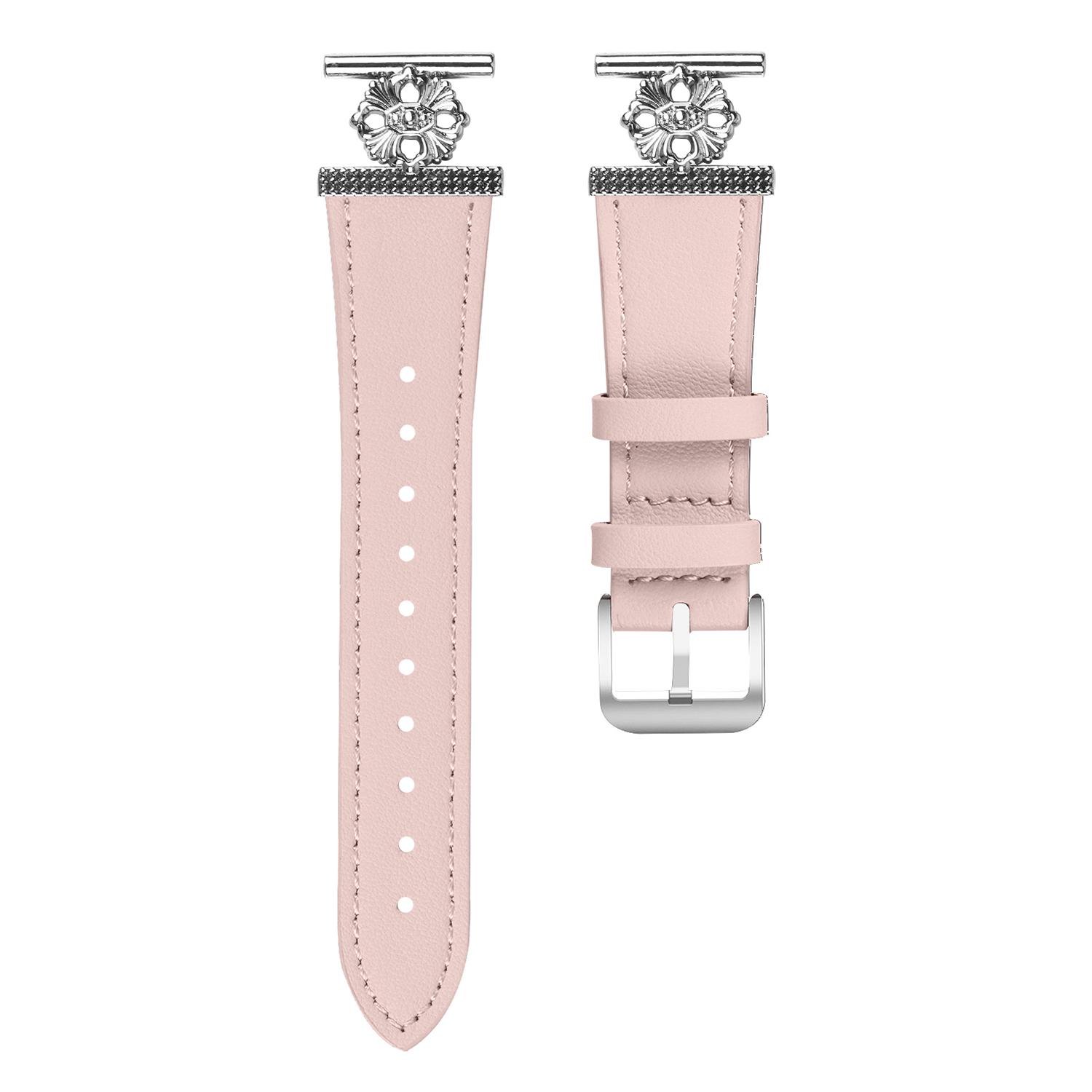 

For Garmin Vivomove 3/GarminMove 3 Watch Band Genuine Cow Leather Flower Decor Adjustable Strap Pink