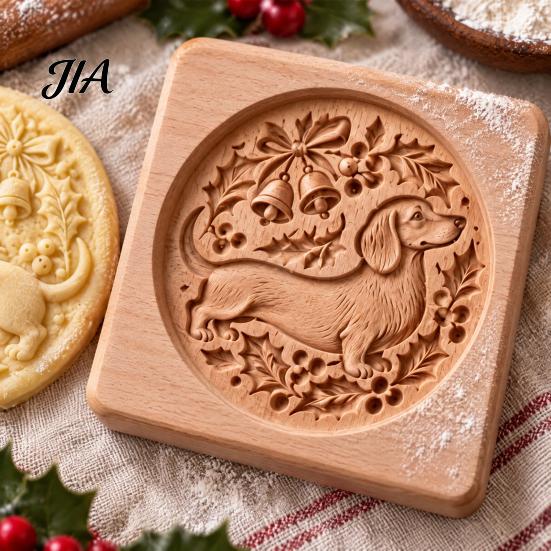 Christmas Baking Supplies Woodland Animal Cookie Mold, Wooden Biscuit Stamps, Scene 3D Red Party Snack Decoration Bird Elk Dachshund Cutter Embossing