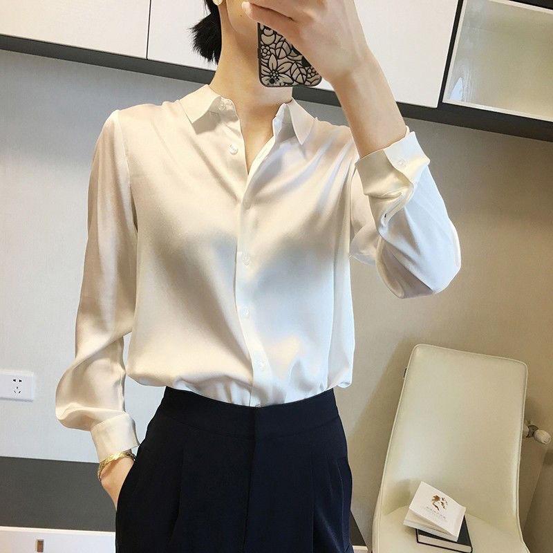 Fashion Spring Autumn Satin Face Shirts Women Turn-down Collar Solid Single Breasted Long Sleeve Temperament Office Lady Blouses