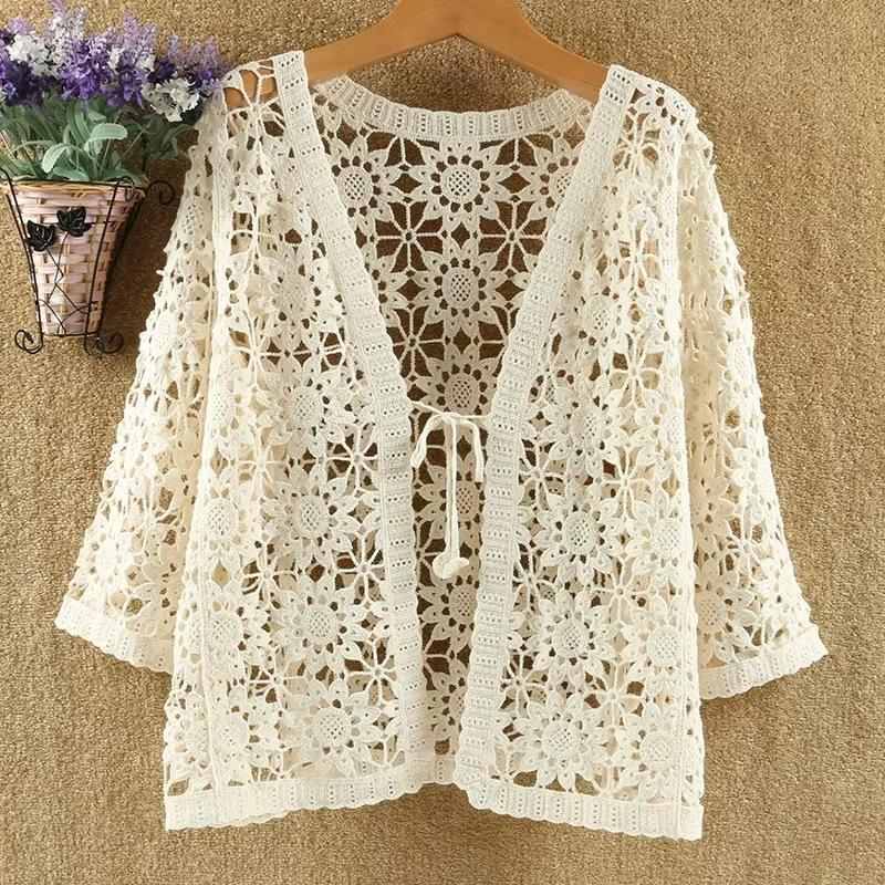 Jully Sexy Holle Kant Zonnebrandcr&egrave;me Vest Trui Vrouwen Brede Losse Airconditioning Gebreide Trui Dunne Gedeelte Vrouwelijke Lente Herfst One size