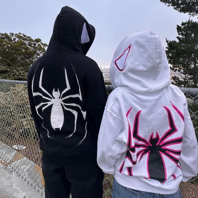 Y2k Spider Print Hoodies Women Men Hip Hop Zipper Long Sleeve Jacket Coats Autumn Winter Harajuku Casual Loose Hooded Sweatshirt