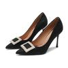 Rhinestone Square Buckle High-heeled Shoes Women's  Spring New French Style Pointed Toe Stiletto Shallow Mouth Professional Single