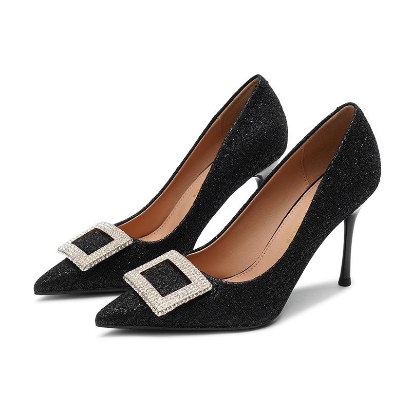 Rhinestone Square Buckle High-heeled Shoes Women's  Spring New French Style Pointed Toe Stiletto Shallow Mouth Professional Single