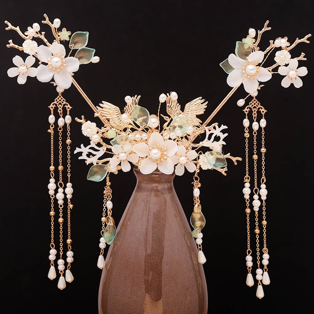 FORSEVEN Chinesisches Haaraccessoires Damen Blume Perlen Haarnadeln Lange Quaste Kopfschmuck Stäbe Haarkamm Brautschmucksets