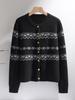 Women's Cashmere Retro Jacquard Cardigan: Loose Fit, Round Neck, Long Sleeve Sweater for Autumn/Winter.