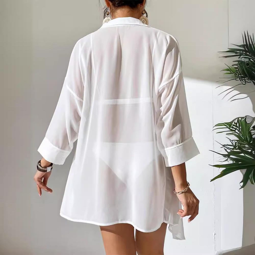 Women's Chiffon Shirt Polo Casual Blouses Beach Sunscreen Shirt Tulle Top