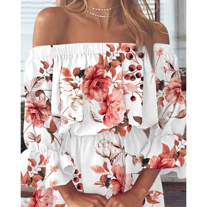 Sexy Fashion Shoulder Print Dress Women's Clothing