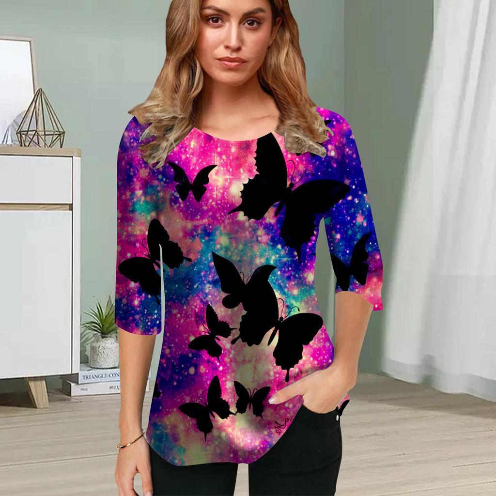 Womens Blouse 3D Black Butterfly Printing Flower Half Sleeve Tops Summer Casual Tops Printed Round Neck Half Sleeve T Shirt