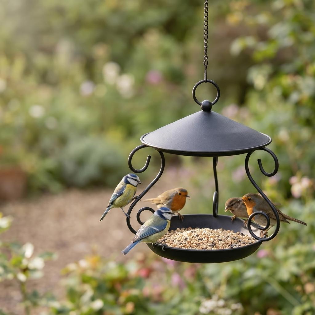 Outdoor Hanging Metal Bird Feeder with Circular Tray and Protective Roof for Garden Balcony Yard Automatic Feeding Station