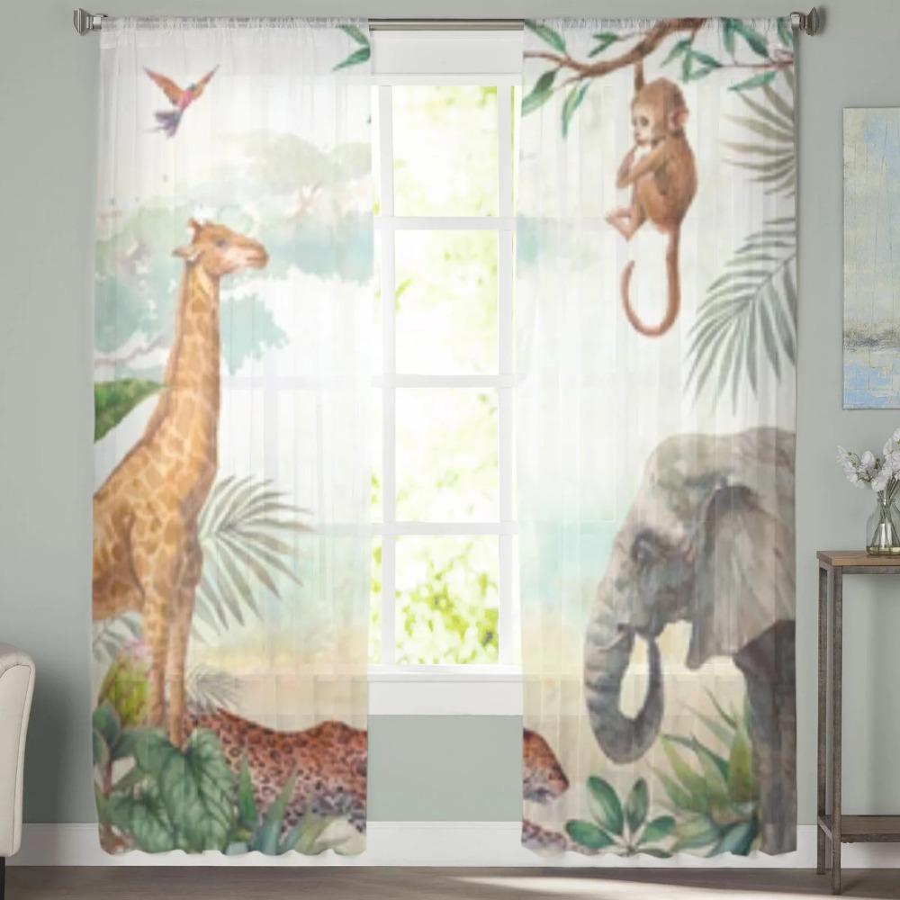 Tropical Safari Animal Elephant Sheer Window Curtains For Living Room Bedroom Voile Tulle Curtains Fabric Drapes For Kitchen