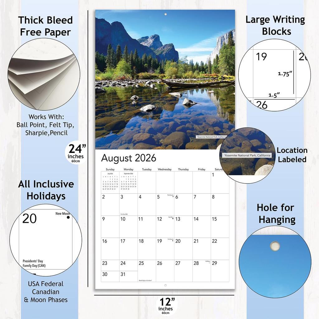 2026 National Parks Hangable Monthly Wall Calendar Large Full Page 16 Months Nature Walks Scenic Hiking Trail Travel Photography Vacation Photo Gift