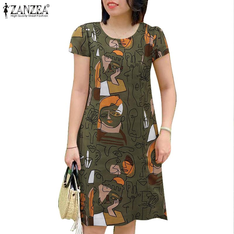 ZANZEA Damen Lässig Rundhals Sommer Kurzarm Print Kleid