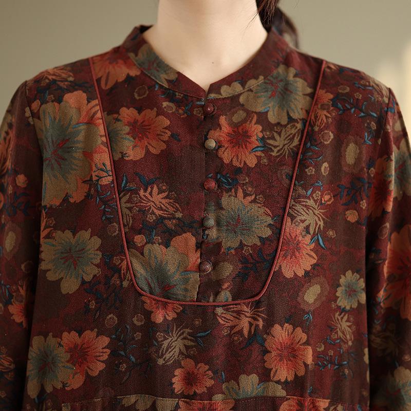 Autumn 2025 Retro Print V-neck A-line Cotton Linen Dress with Drawstring Long Sleeves Large Size Uniform