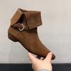 Genuine Leather Low Heel Ankle Boots Women Fashion Pointed Toe Buckle Design Western Cowboy Boot High Quality Nubuck Modern Boot