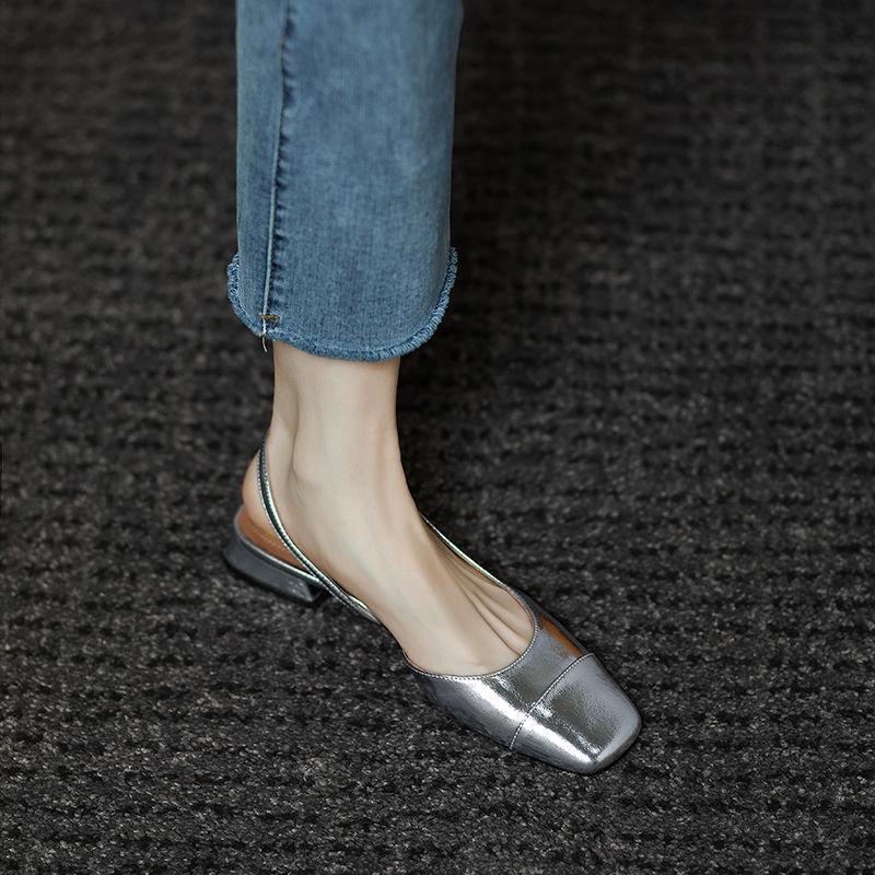 

Французское лето 2025 новые туфли-лодочки с квадратным носком и неглубоким вырезом, задник с воздухопроницаемой вставкой, толстый низкий каблук, одинарные туфли на одной педали, сандалии на плоской подошве с закрытым носком для женщин 39 серебряный