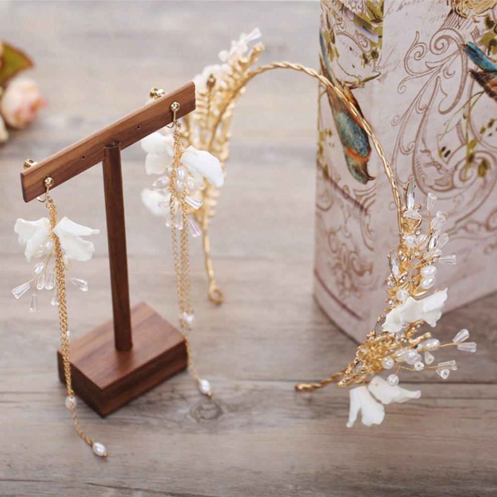 Tassels Earring Bridal Headwear Earring Pearl Crown Elegant Flower Hairband  Women Lady
