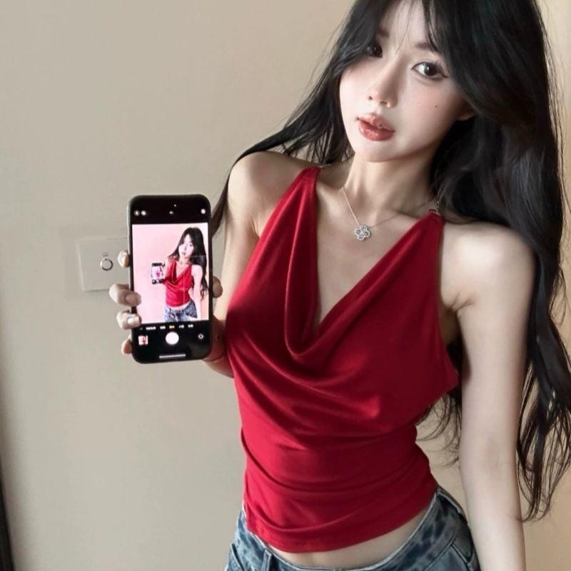 

Летний сексуальный топ-халтер с открытой спиной, женская облегающая майка без рукавов, короткий внутренний топ XL красный