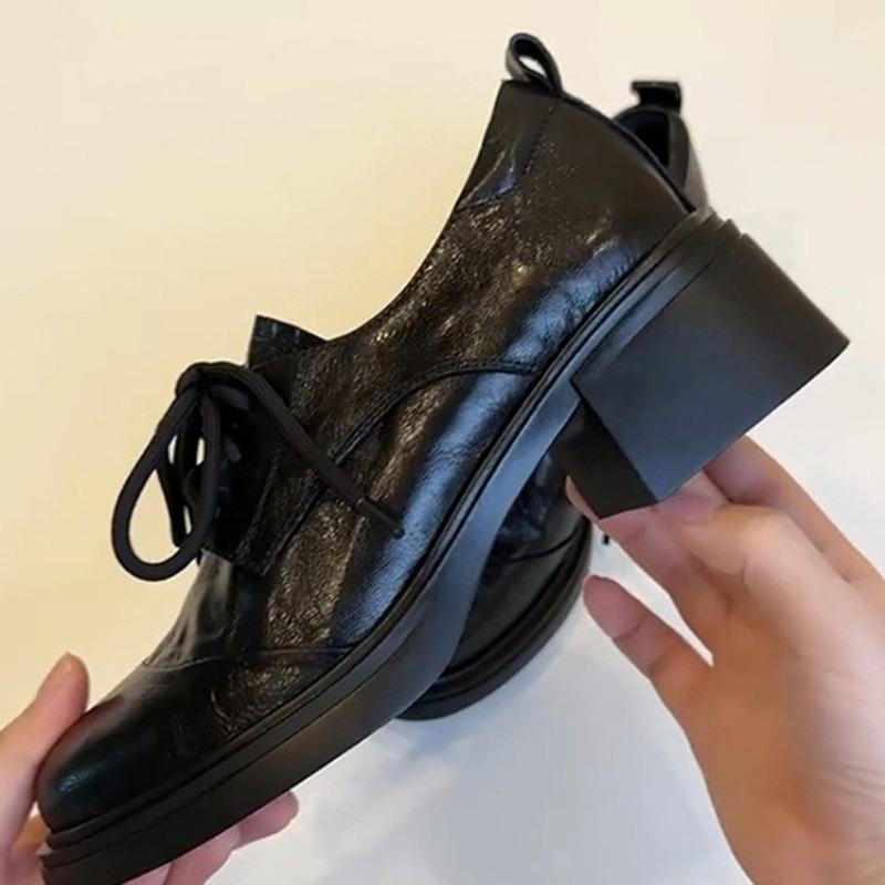 Washed two-layer cowhide version British retro round head lace-up commuting versatile thick heel small leather shoes women's single shoes