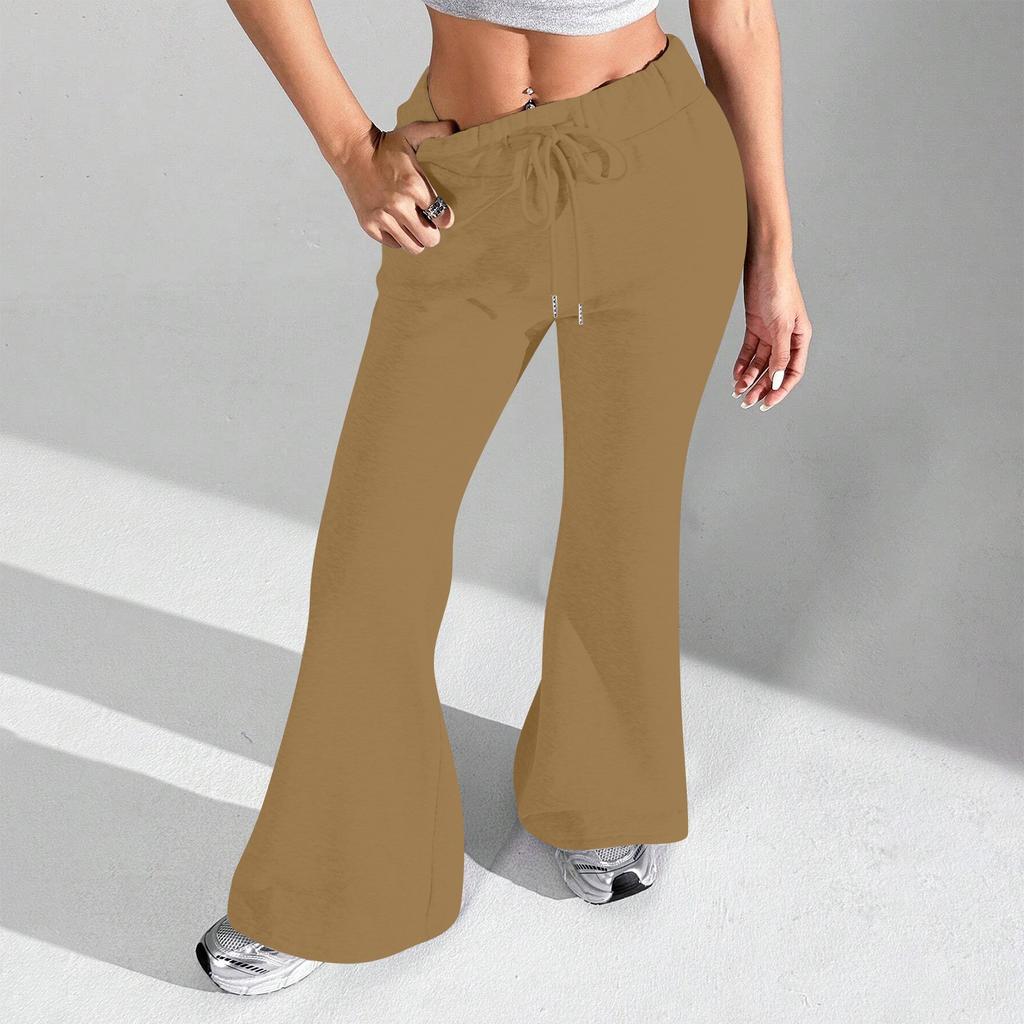 Ladies Fashion Loose Draw String Waist Solid Color Cargo Pants Leisure Flares