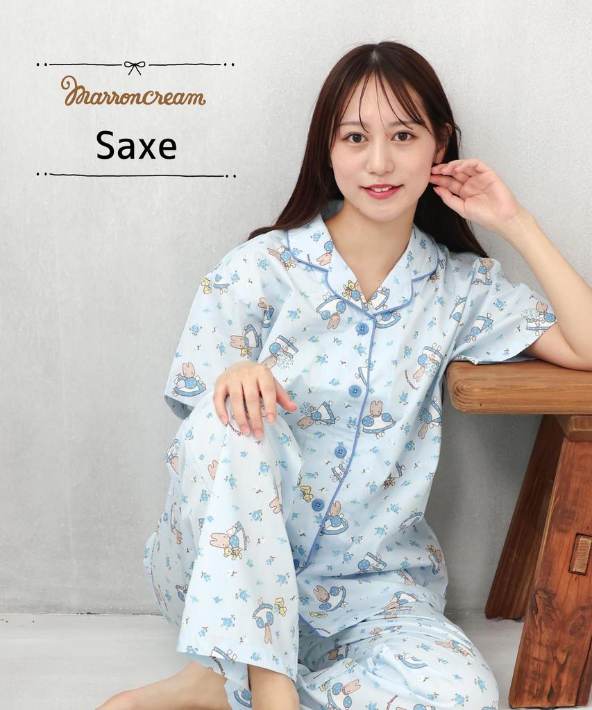 SAZAC Marron Cream Shirt Pajama Short Sleeve and Long Flower Marron Cream Women's Set, 100% Cotton, Pants, Loungewear, (Sax/L/SAN1801)