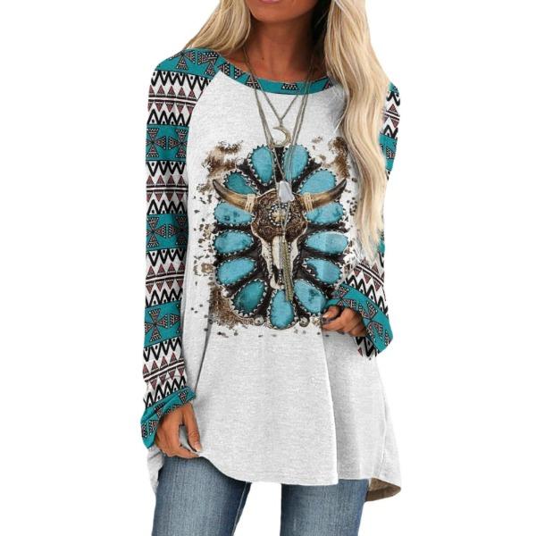 Round Neck 3D Ethnic Style Printed Top Fashionable Casual Long Sleeved Women's T-shirts