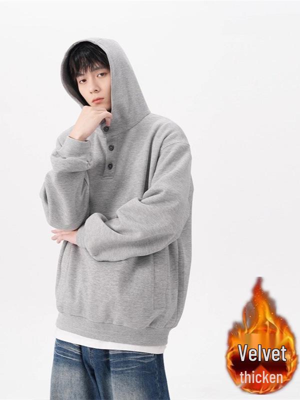 Men's Plus Size Fleece-Lined Button Hoodie - Oversized, Thickened Long Sleeve for Autumn/Winter