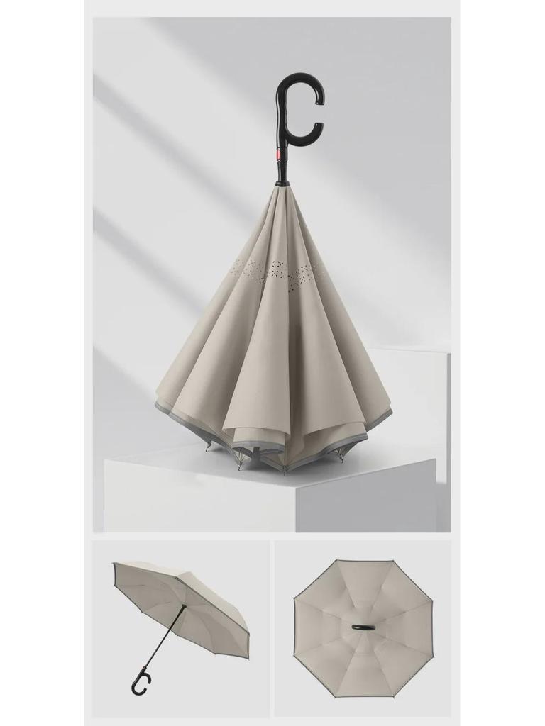 Reflective Strip Car-mounted Dual-layer Auto Reverse Umbrella - Wind-resistant, Large, for Sunny and Rainy Days.