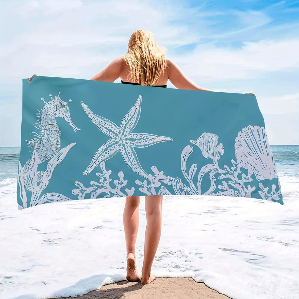 Seaside Starfish and Shells Large Bath Towel - Soft, Absorbent, Perfect for Home and Beach, Coastal Design, Quick-Dry