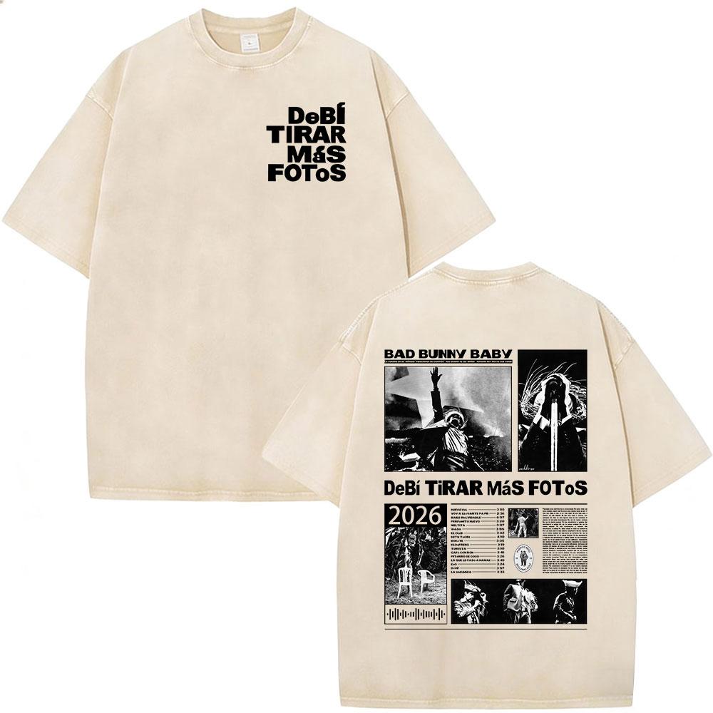 Washed Vintage Rapper Bad Bunny Tshirt Debi Tirar Mas Fotos DTMF World Tour T Shirts Men Women Fashion Hip Hop ONeck Tshirts