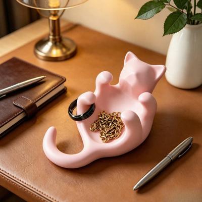 3D Printed Sculpted Black Cat Tray Cute Kitten Jewelry Trinket Dish with Hollow Belly Desktop Decorative Ring Holder for Earrings Bracelets Necklaces