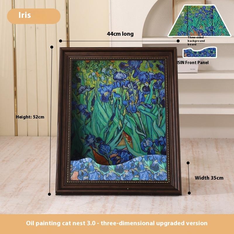 Iris Oil Painting Cat Bed with Replaceable 3D Frame Cat Scratching Board Creative Pet House Scratcher for Cats