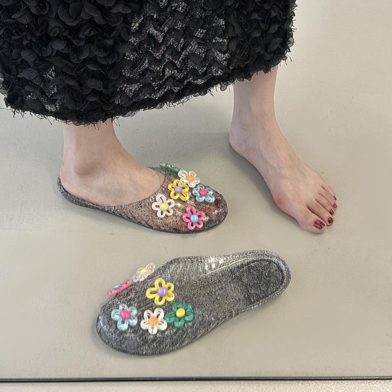 Fashion New Korean Fashion Women's Jelly Shoes with Flower Accessories Summer Footwear Ladies Flat Slippers Vocation Beach Slides Size36