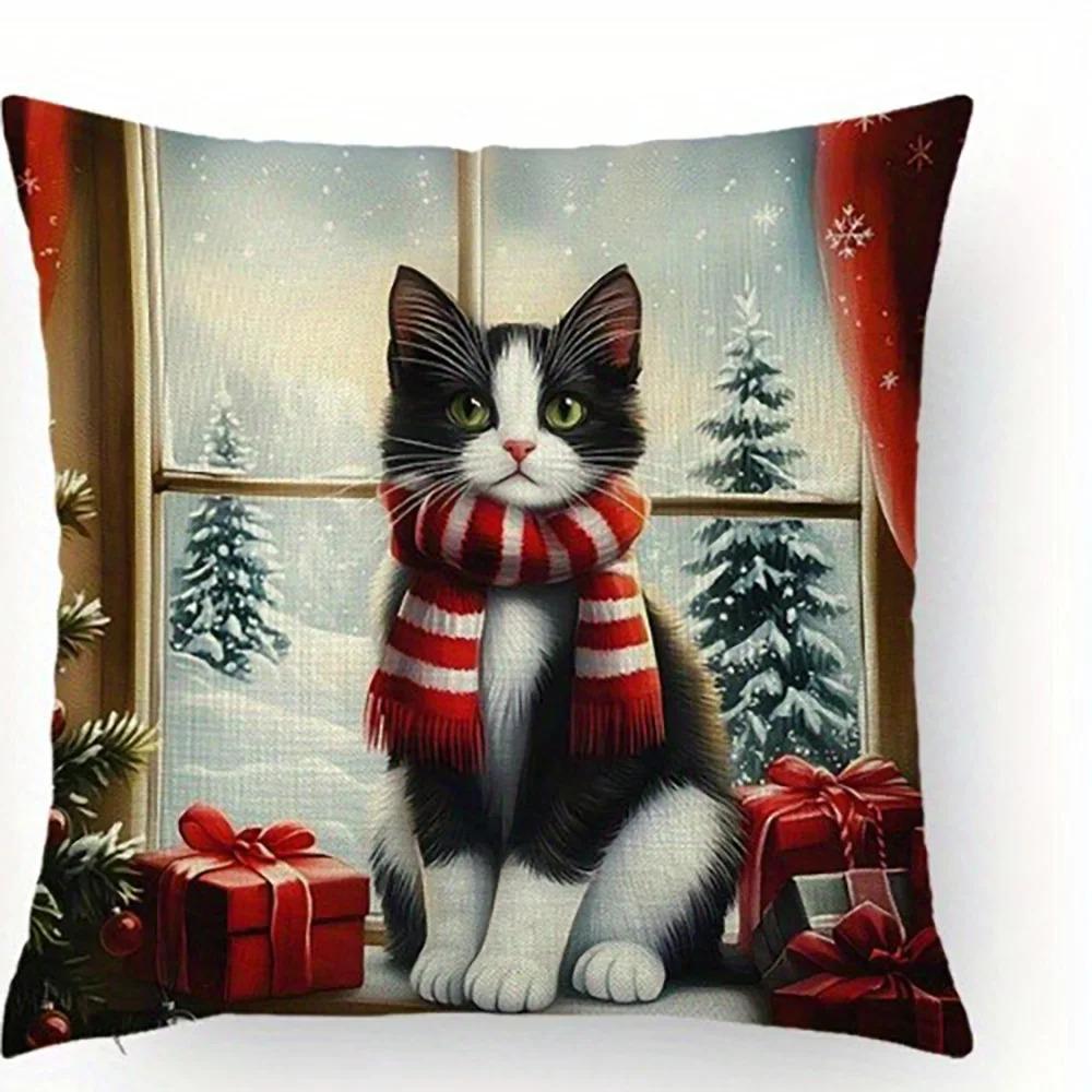 1Pc Christmas Cat Pillowcases: Adorable Kittens In Festive Attire Sofa Room Cushion Cover Home Decoration New Year Gift