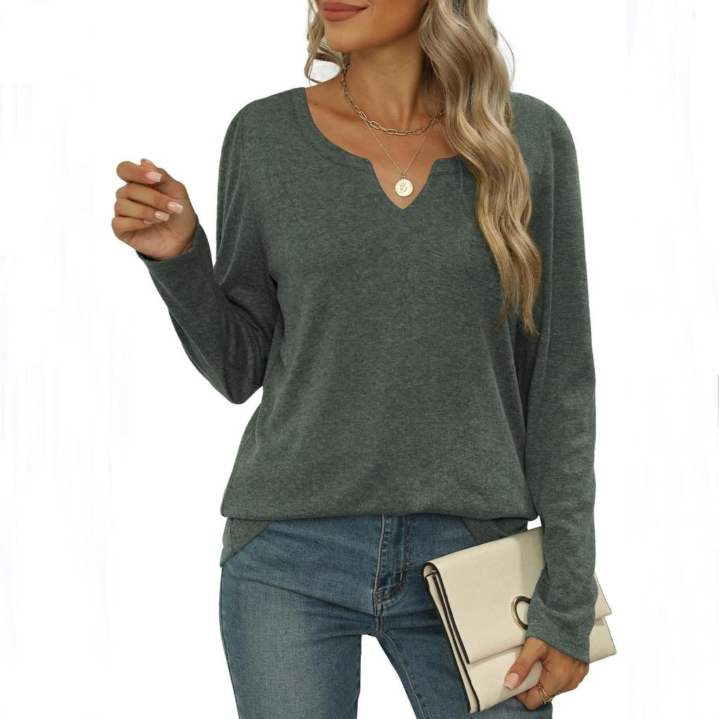 Women's Fashionable Casual V-neck Color Cotton Solid Color Long Sleeved Loose Women's T-shirt Top