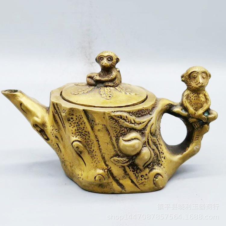 Copper with Fish On Bamboo Monkey Pot Home Decoration Metal Craft Chinese Style Money Mouse Ornament