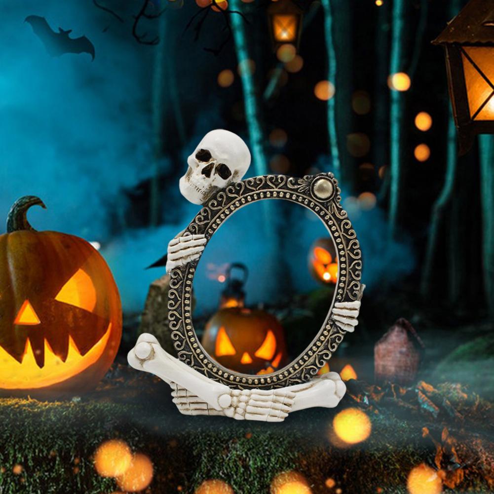 Schädel Dekoration Halloween Skelett Spiegelrahmen Statue Dekorationen für Zuhause Büro Regal Kaminsims Harzschädel für Gruselig