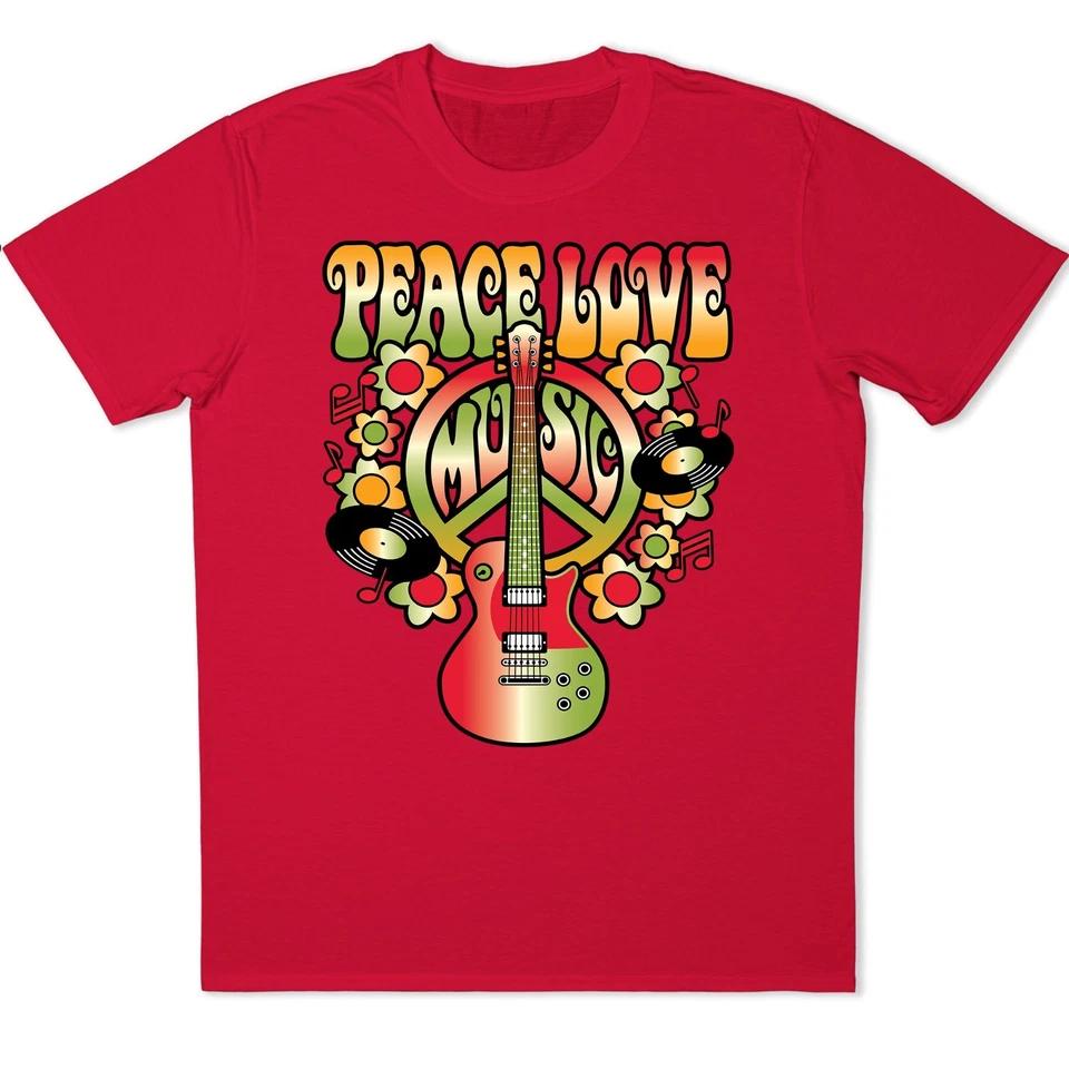 Peace Love Music Guitar Graphic T-Shirt Retro Hippie Festival Design Tee 4 XL