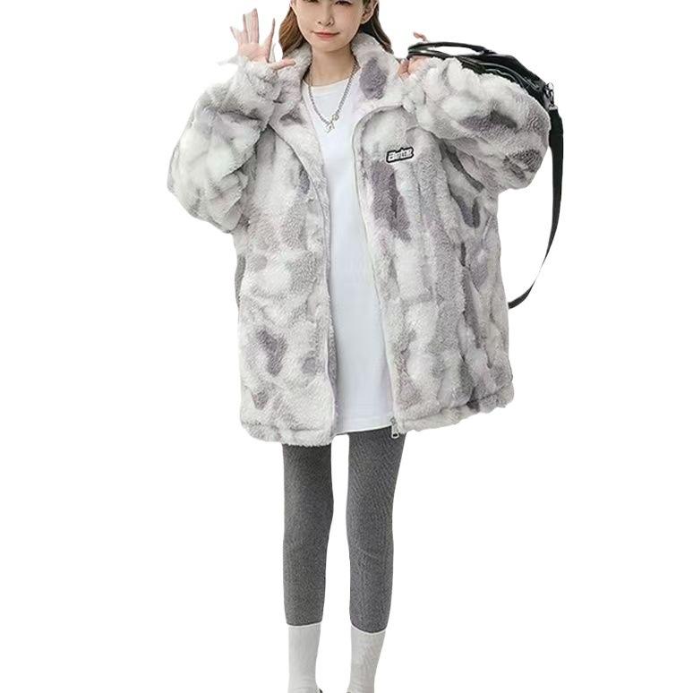 Tie-dye lamb wool coat for men and women's new cotton clothes, thickened loose stand-up collar imitation fur coat