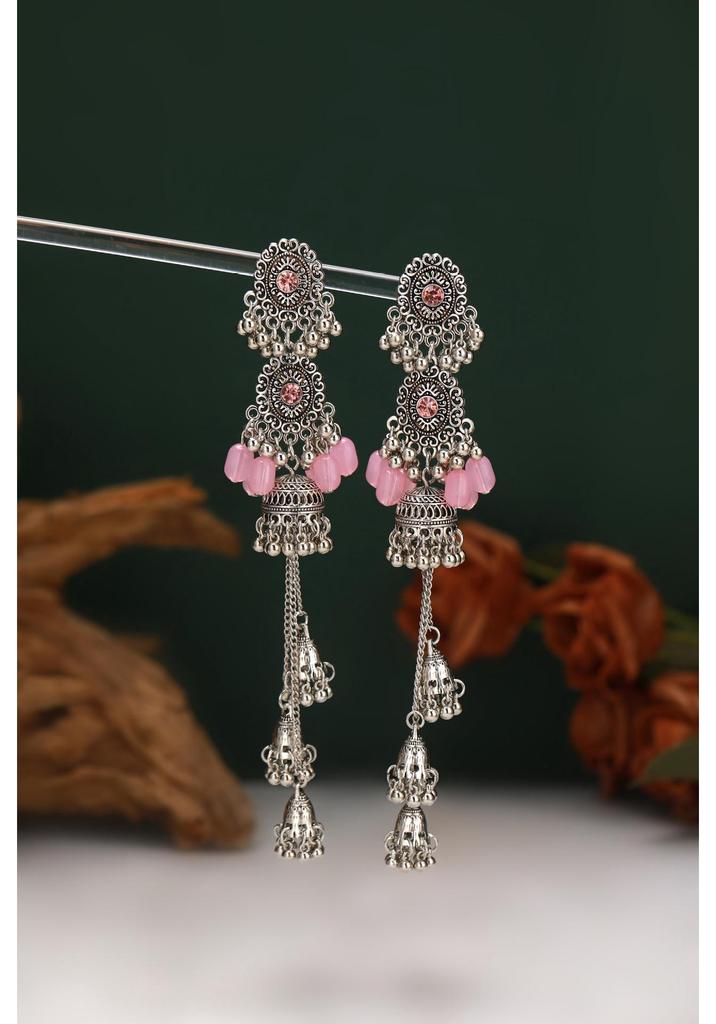 Antique Indian-Style Rhinestone Oval Bell String Long Earrings